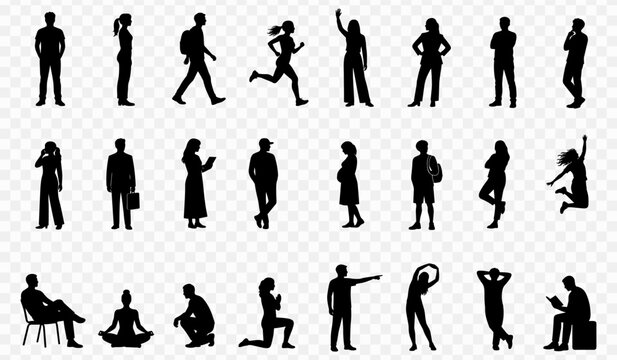 Large collection of diverse human silhouettes featuring people in various lifestyle poses for minimalist flat design vector projects and architectural visualization