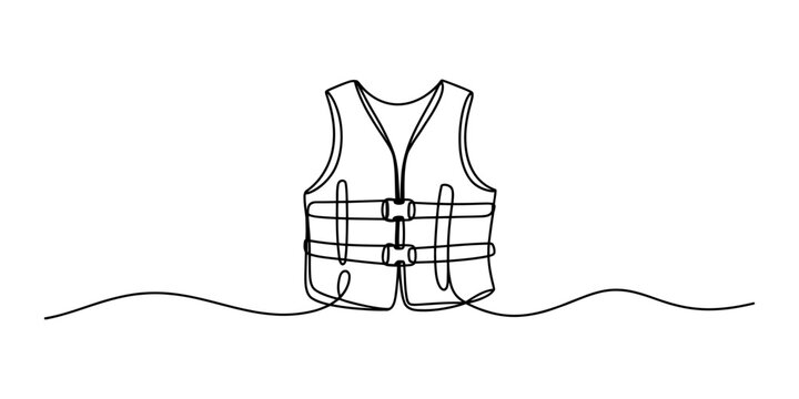 Life jacket vest drawn in a continuous single line style for water safety and boating equipment concept as a simple minimalist black illustration Vector, illustration