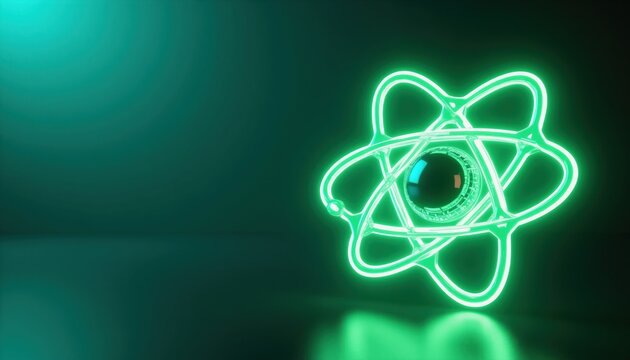 Glowing green atom model with orbits on dark teal background. Abstract science symbol represents nuclear energy and molecular structure. Neon light effect highlights atomic particles and nucleus.