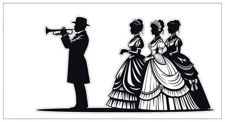 musician playing for women in vintage dresses black silhouette © Jewel