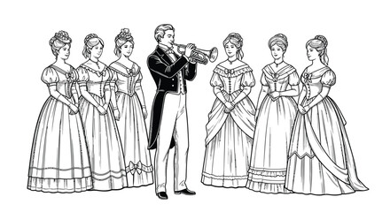 Victorian era musicians and women in gowns black and white silhouette © Jewel