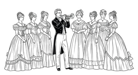 Victorian era people with musician playing trumpet silhouette © Jewel