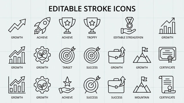 Editable stroke icons for business presentation.