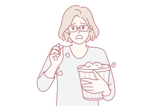 Frightened woman with bucket of popcorn opens mouth during scary moment in horror movie. Fair-haired girl in glasses for 3d cinema looks forward with surprise. Flat vector illustration