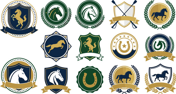 Equestrian and Horse Racing Logo Crest Icon Set with Horseshoe Shields Laurel Wreath Badges and Polo Mallets for Luxury Sport Branding Vector Designs