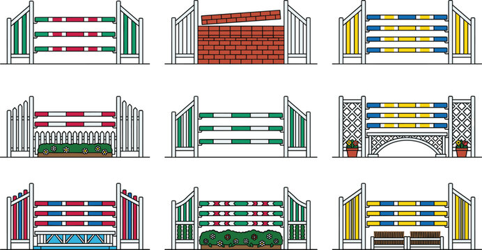 Equestrian Show Jumping Obstacles Set with Colorful Poles Fences Brick Wall and Water Jump Elements for Horse Riding Sport Vector Designs