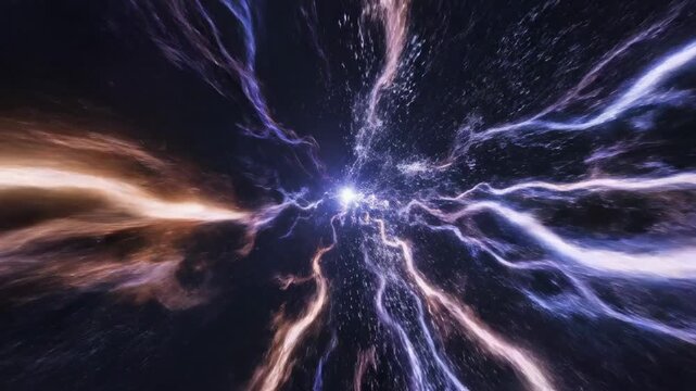 Abstract cosmic phenomena with swirling energy currents and glowing light streams forming a dynamic and awe-inspiring visual representation of intergalactic travel or quantum entanglement