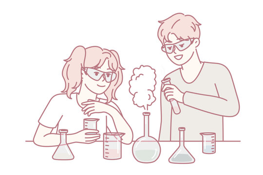 Youth boy and girl conduct chemical experiments standing near table with test tubes and pouring reagents. Elementary school students in goggles experimenting during laboratory work. Flat vector image