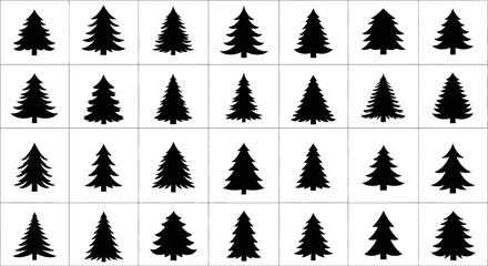Fototapeta premium Collection of various black pine tree silhouettes on white background