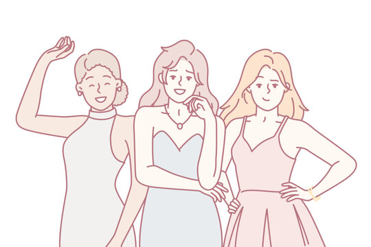 Women in evening dresses posing before going to festive event or party for company employees. Beautiful female friends or models are standing in fashionable clothes and smiling. Flat vector design