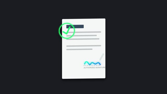 Document with green checkmark and signature animation on dark background