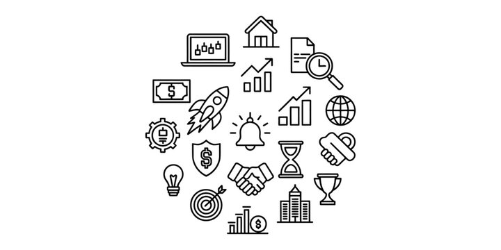 Business and finance concept icons set including money growth rocket target and handshake symbols in a circular arrangement for corporate design Vector, illustration