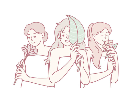 Happy women wrapped in white towels smiling after pleasant spa treatment and holding natural plants. Positive girls enjoy smell of flowers after using good shower cosmetics. Flat vector illustration
