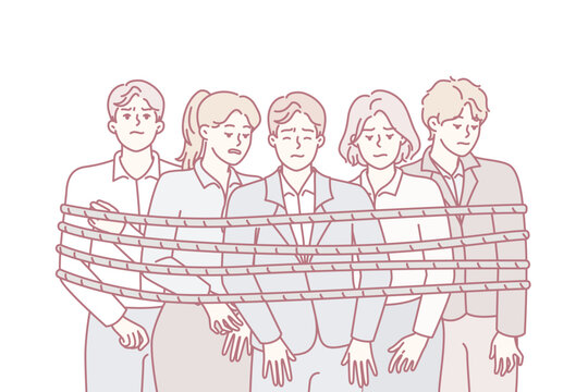 People in office suits tied with rope stand with unhappy face and are sad because poor working conditions. Man and woman employees of company are upset by result of joint activities. Flat vector image