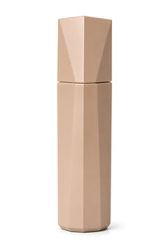 Geometric prism-shaped luxury cosmetic bottle mockup in matte nude beige, isolated on white background