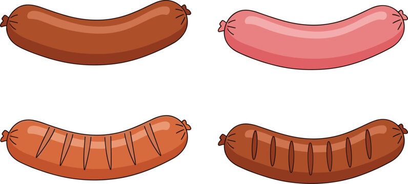 Fresh raw and grilled hot dog sausages collection set featuring plain and cut barbecue frankfurters flat vector illustration isolated on transparent background for cookout party menu design