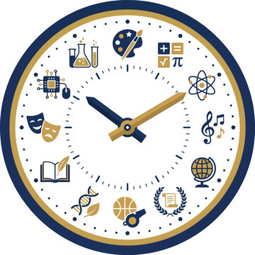 Educational school subjects wall clock vector, academic schedule time management concept, navy blue and gold university curriculum icons isolated on White Background