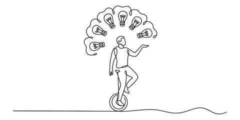 Continuous single line drawing of a man riding a unicycle and juggling light bulbs representing business innovation and creative problem solving ideas Vector, illustration © Single Line 2019