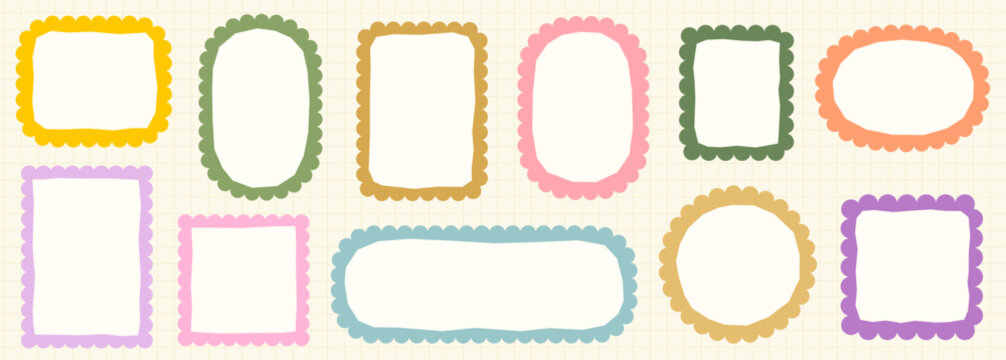 Cute pastel color scallop vector frames set, Rounded scalloped edge label, badge shapes for scrapbooking and journaling, Graphic design elements
