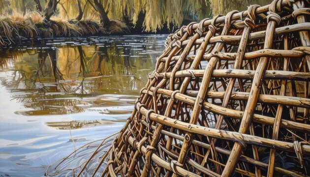 Traditional Woven Willow Fish Trap Close-Up in Shallow River Water at Dawn