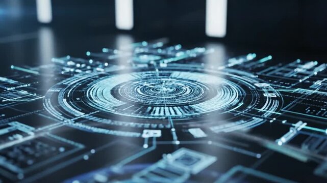 Futuristic digital interface with a glowing data cube floating on a dark stage floor