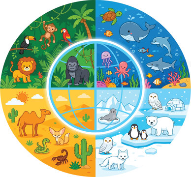 Cartoon world map with wild animals, global ecosystem circle with jungle desert ocean and arctic habitats, educational earth day vector illustration isolated on White Background