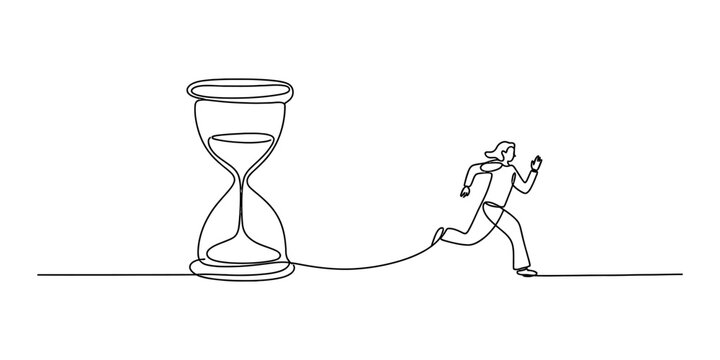 Continuous line drawing of a business woman running away from a large hourglass representing the pressure of time and deadline management concept Vector, illustration