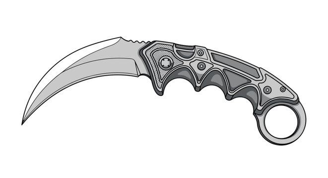 Tactical karambit folding knife with a curved blade and a finger ring handle shown in a shaded detailed gray technical drawing.