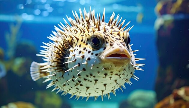 Porcupine pufferfish with spines erect in close-up aquarium portrait under blue light