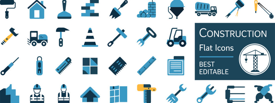 Construction, solid icon set featuring building engineering worker tools architecture industrial equipment and safety symbols, editable professional vector collection.