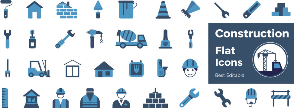 Construction, solid icon set featuring building engineering worker tools architecture industrial equipment and safety symbols, editable professional vector collection.