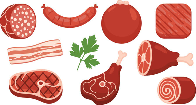 Fresh raw meat products set with beef steaks processed sausages bacon slices and ham leg flat vector illustration isolated on transparent background for butcher shop menu