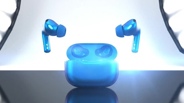 Modern blue wireless earbuds floating above their charging case on a dark surface area