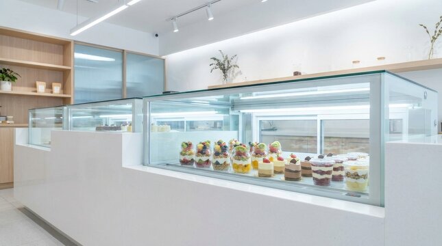Assortment of delicious individual desserts displayed in a bright, modern bakery display case