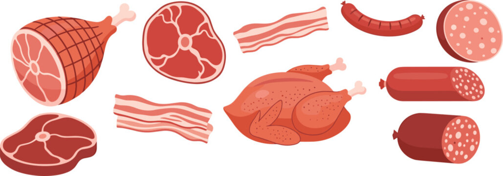 Fresh raw meat products variety pack with marbled beef steaks pork ham bacon strips whole chicken poultry and sliced salami sausage flat vector illustration transparent background