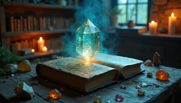 Ancient spellbook opens with glowing crystal. Magical symbols and arcane dust swirl around on wooden table. Candles flicker, shelves full of old books.