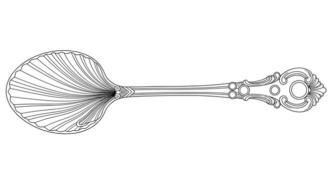 Elegant silver spoon with detailed decorative patterns on the handle and shell-like ridges on the bowl, shown in a classic line art style.