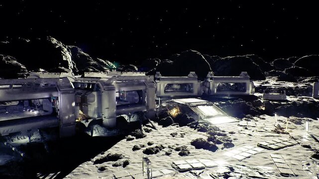 lunar solar farm powering habitat modules, rows of panels and storage batteries, dusty surfaces, maintenance bots, focus on renewable energy and resilient