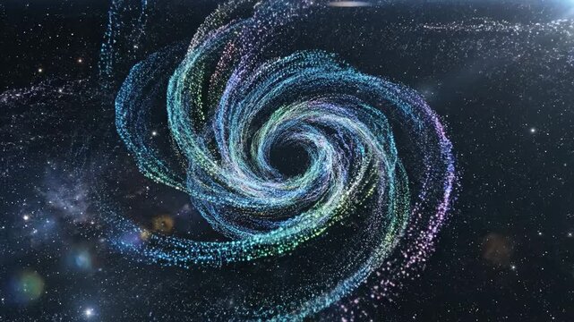Mesmerizing iridescent cosmic vortex swirl composed of countless shimmering particles gracefully dances through the vast expanse of deep space, hinting at celestial phenomena and astronomical