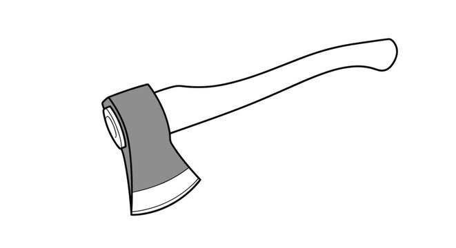 Traditional hand axe with a sharpened metal head and a curved wooden handle, presented as a clean black and white tool illustration.