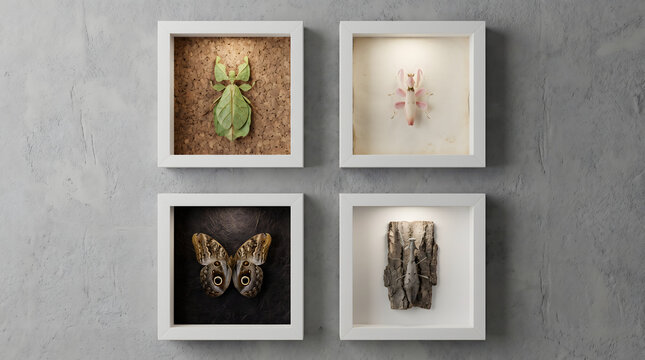 Four square white shadow boxes showcasing entomology specimens including leaf insect, orchid mantis, owl butterfly, and grey mantis on bark. Framed collection on a textured grey concrete wall.
