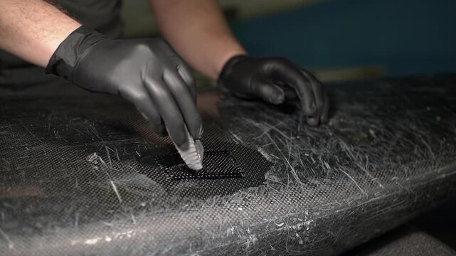 Boat repair. Black gloves. Carbon fiber. Resin. Patch. Slow motion video. High quality 4k footage