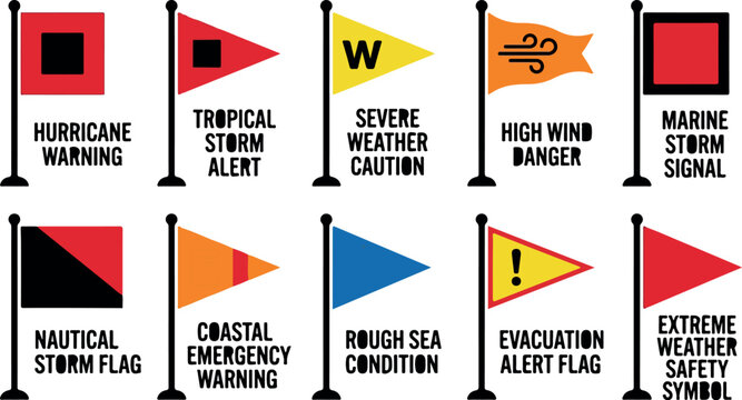 Weather warning flags collection, 10 nautical storm alert icons, hurricane and marine safety signal vectors for emergency maritime navigation isolated PNG with Transparent Background