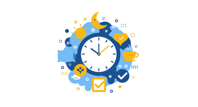 Daily Routine and Time Management Concept Illustration with Analog Clock, Sun, Moon, and Lifestyle Icons for Productivity, Sleep Hygiene, and Wellness