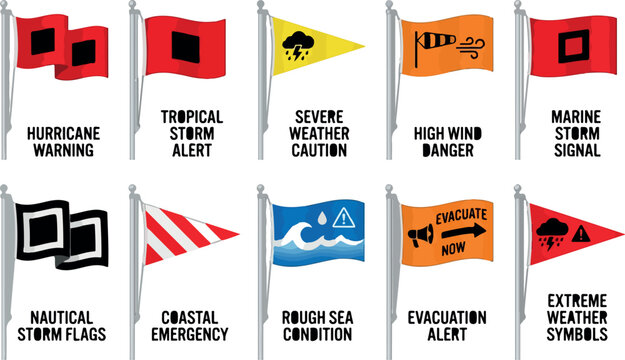 Severe weather warning flags vector set, hurricane and tropical storm alert symbols, nautical emergency signal icons for marine safety isolated PNG with Transparent Background