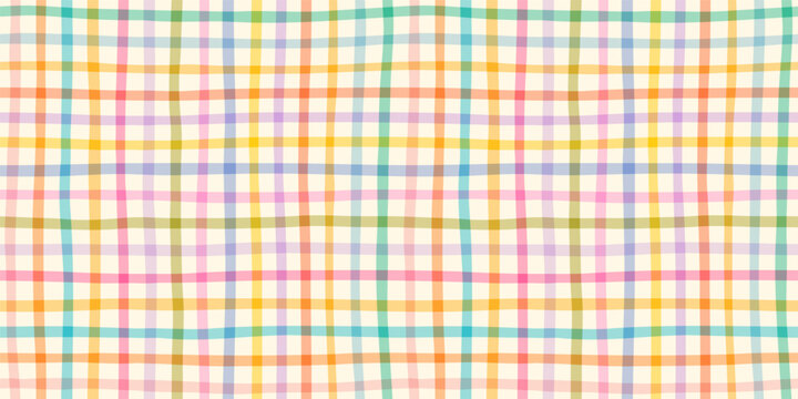 Colorful pastel summer gingham vector seamless pattern, irregular organic lines check background for fabric design