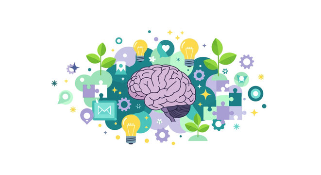 Creative Mind Concept with Human Brain, Idea Light Bulbs, Gears, and Growing Plants Flat Vector Illustration for Innovation and Mental Health
