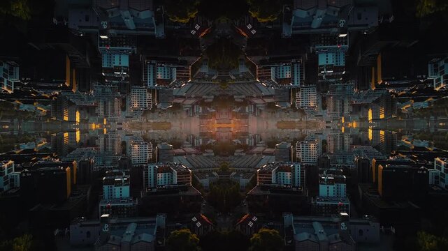 mirrored fractal cityscape skyline with symmetrical skyscraper geometry, abstract urban city architecture pattern with futuristic kaleidoscope reflection effect, technology background 4k