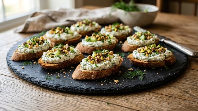 A close up shot of several small crostini appetizers with creamy white cheese and green herbs, garnished with chopped pistachios and dill on a dark slate board.