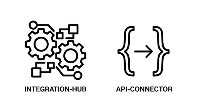 Integration hub and api connector icons for system connectivity with data flow data exchange digital transformation information sharing software integrat